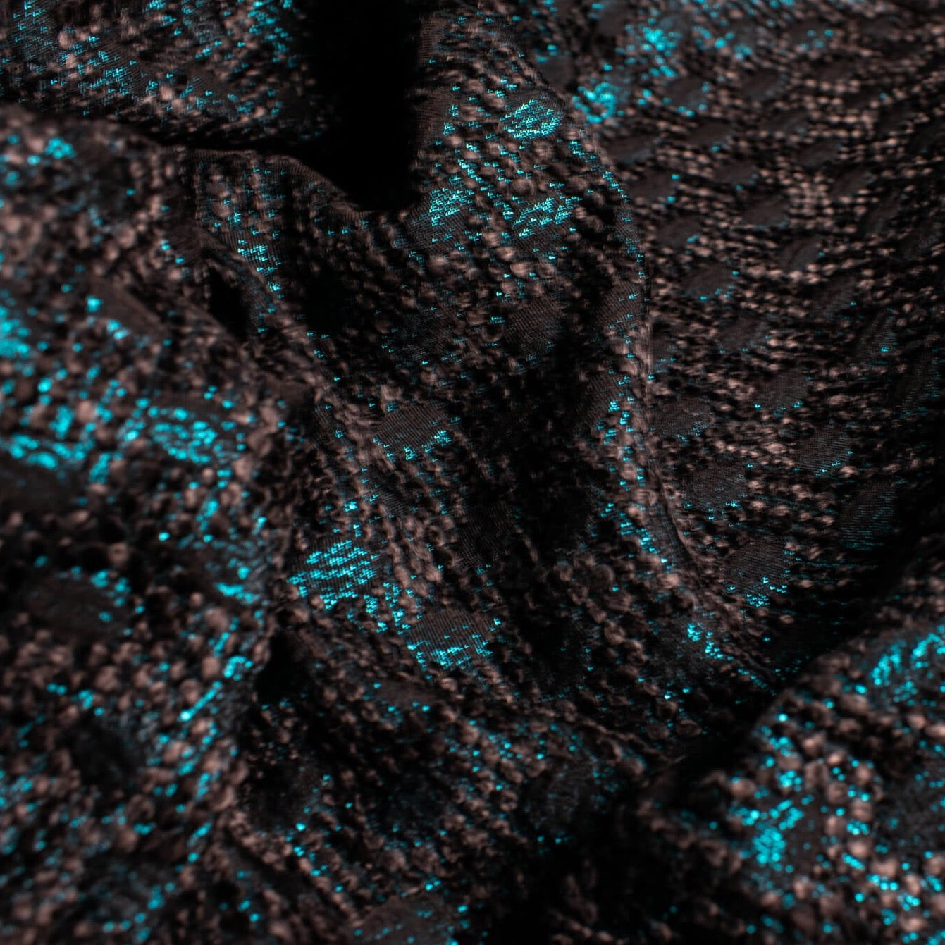 High End Designer Label Brocade Boucle in a stunning Cyan Blue, Black and Charcoal  A textured fabric with a soft hand. The metallic threads create a stunning statement piece!