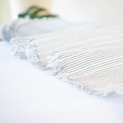 Light and airy Italian voile is soft and ohh so summery! Can you just picture yourself in a loose fitted unbuttoned shirtdress as a gorgeous layering piece over a cami and ankle length jeans.  This will definitely take your summer holiday up a notch!  Perfect for summer dresses, skirts and tops. The thin horizontal black stripes and bright white woven opaque stripes are set against a sheer white voile.  Image of selvedge.