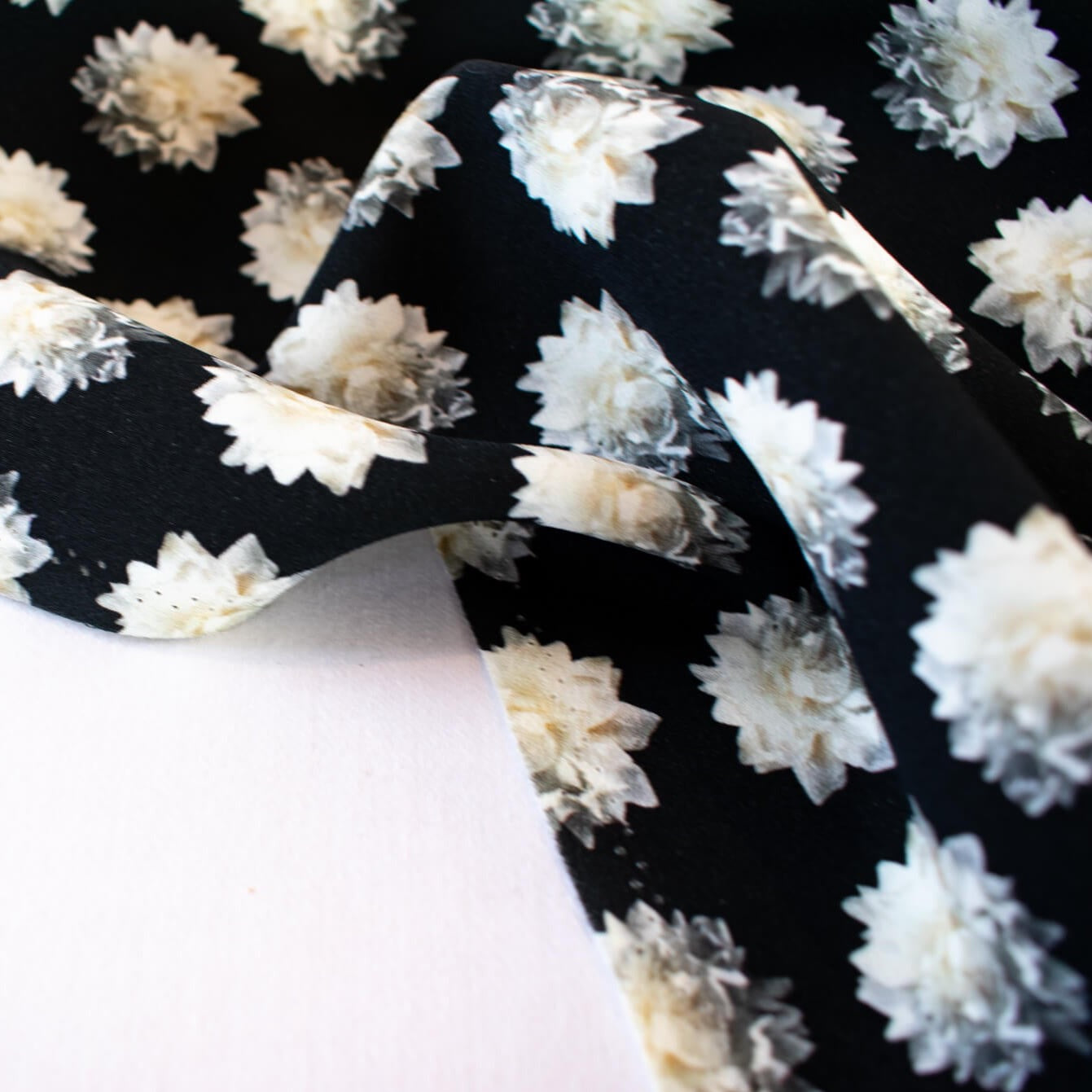 Black/White Floral Italian Viscose/Lycra 4-Ply Crepe  -'Fiore Bianco' image of selvedge edge