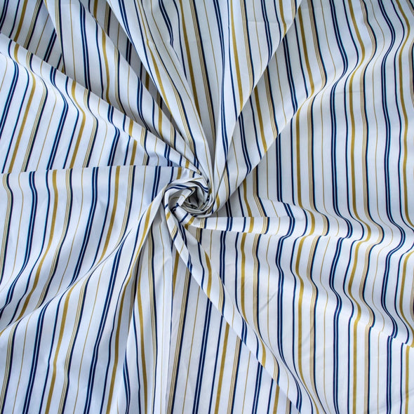 Bring effortless sophistication to your look with the 'Effortless' LA Designer Striped Cotton Shirting fabric by the yard. Crafted from luxurious 100% cotton, this designer shirting ensures you look on-trend with minimal effort! Image of fabric body.