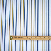 Bring effortless sophistication to your look with the 'Effortless' LA Designer Striped Cotton Shirting fabric by the yard. Crafted from luxurious 100% cotton, this designer shirting ensures you look on-trend with minimal effort! Image of fabric with ruler for design scale.