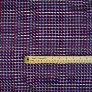 Image of fabric design scale with ruler. Italian Viscose Satin Modern Geometric Print designer deadstock fabric by the yard. From the Italian mills, enjoy a sophisticated geometric print of small squares in shades of purple highlighted by an ivory background. A cool smooth hand and satiny sheen is perfect for creating a top or dress that can take you from day to evening.