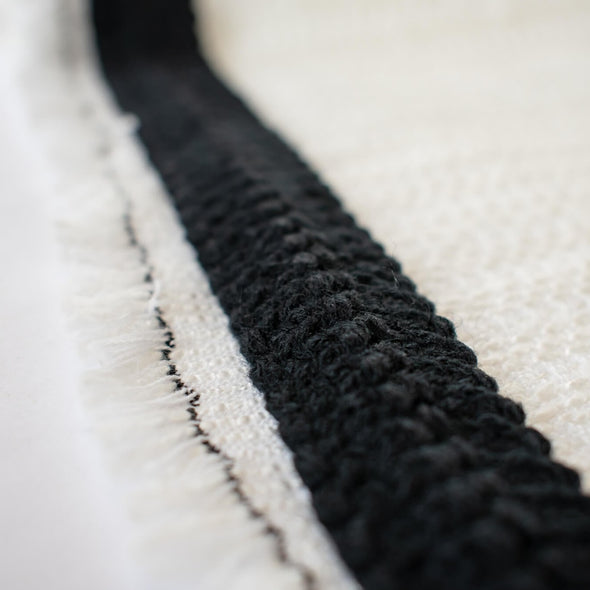 This classic Black Wool Blend Fold-Over Knitted Trim is a timeless choice for couture designs, adding a sophisticated touch of designer embellishment. With its luxurious knitted texture and fold-over shape, this trim will make any look iconic. Choose your look... this trim can be used flat, or fold-over, which is especially nice for double-sided fabrics! Photo of trim on fabric. Fabric sold separately.