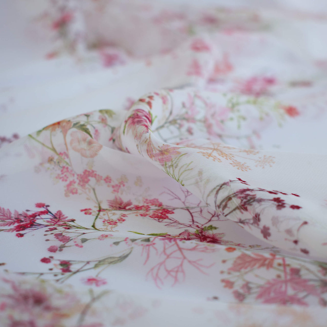 Floral Couture designer soft white silk chiffon fabric with pink flowers and green leaves 