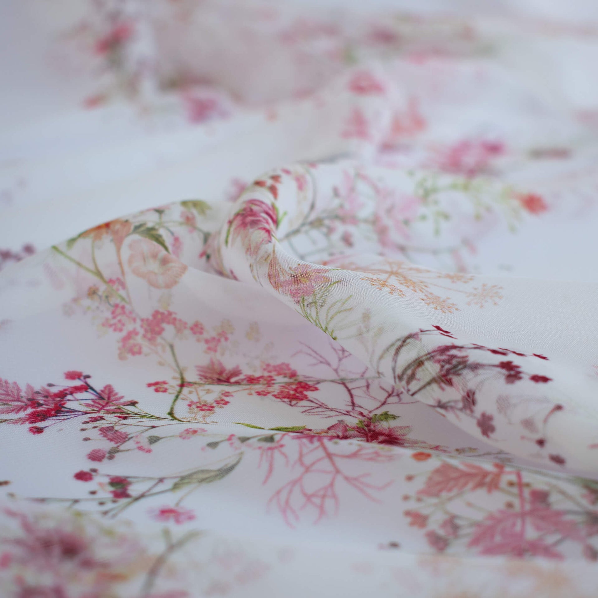 Floral Couture designer soft white silk chiffon fabric with pink flowers and green leaves 