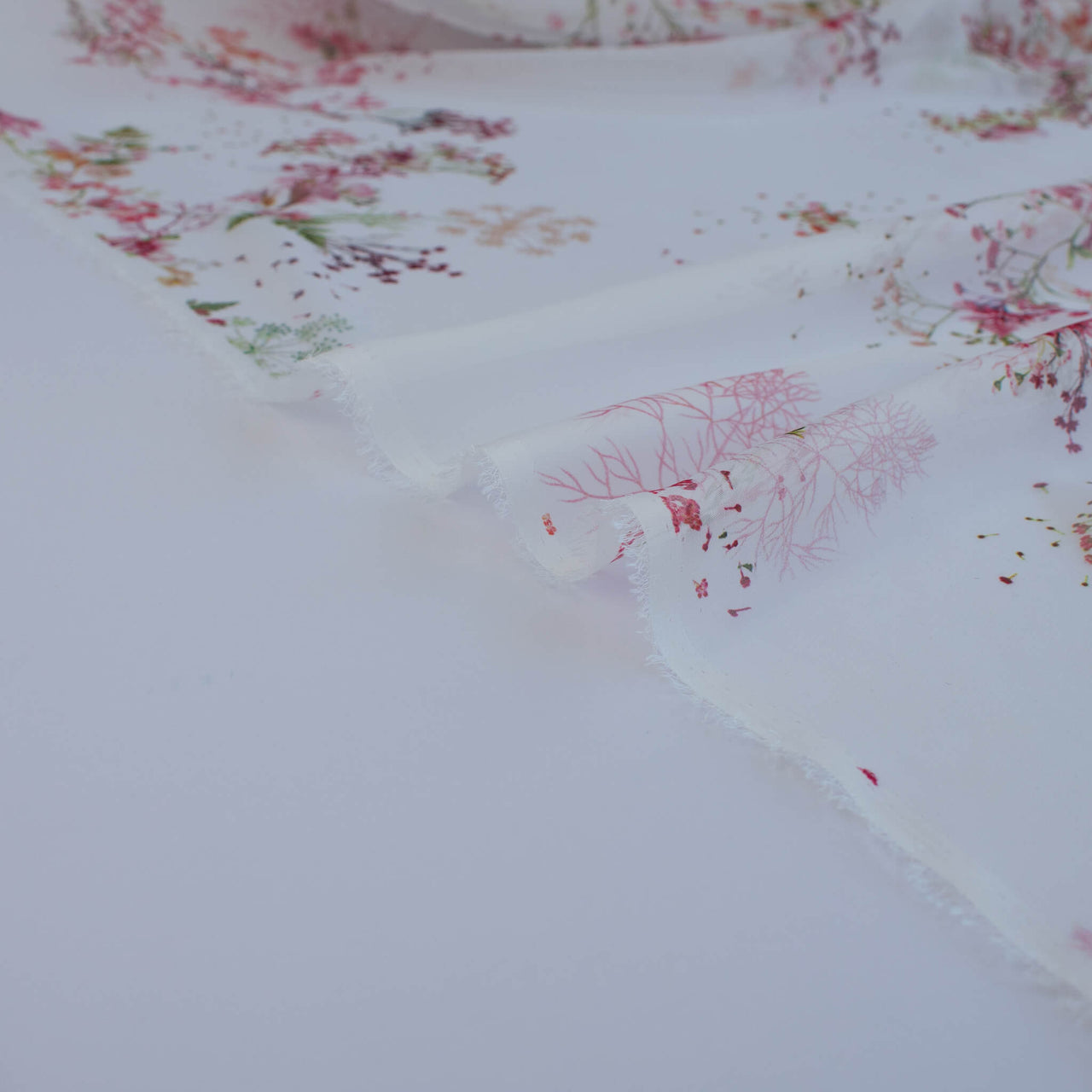 Floral Couture designer soft white silk chiffon fabric with pink flowers and green leaves 