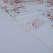 Floral Couture designer soft white silk chiffon fabric with pink flowers and green leaves 