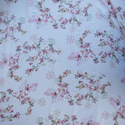 Floral Couture designer soft white silk chiffon fabric with pink flowers and green leaves 