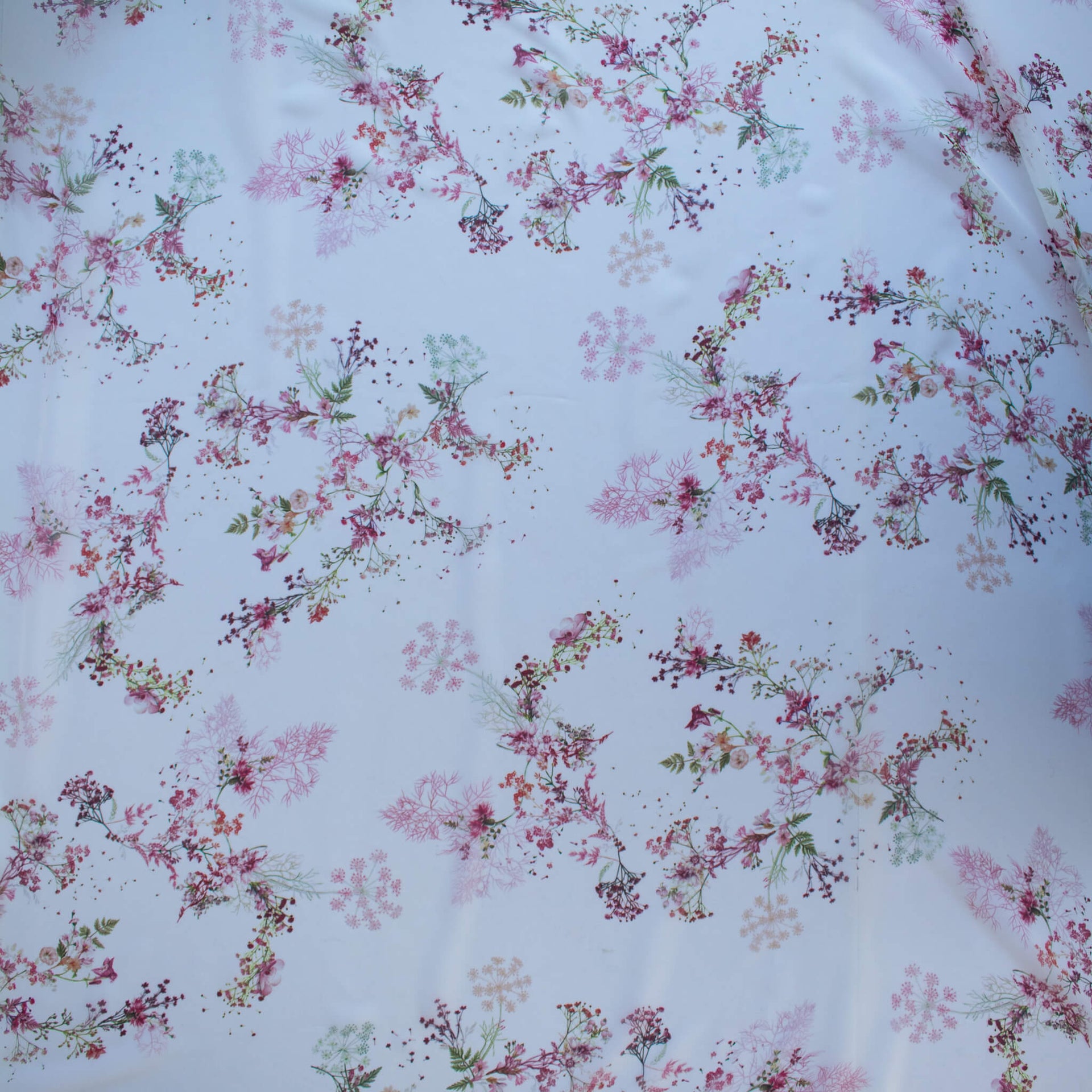 Floral Couture designer soft white silk chiffon fabric with pink flowers and green leaves 