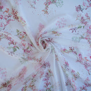 Floral Couture designer soft white silk chiffon fabric with pink flowers and green leaves 