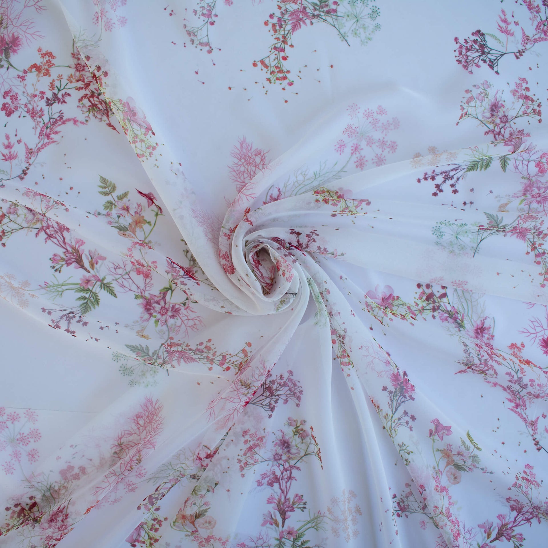 Floral Couture designer soft white silk chiffon fabric with pink flowers and green leaves 