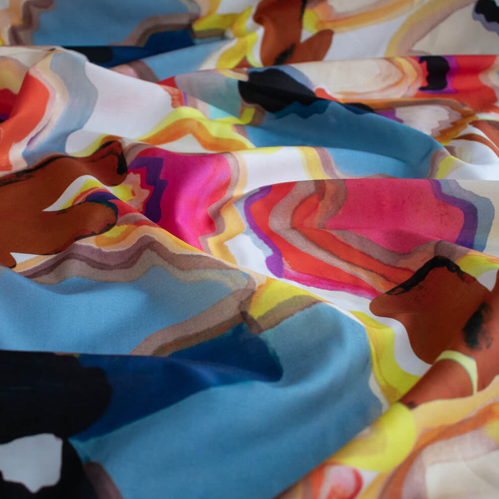 Close up image of High End Designer Modern Abstract Italian Cotton Silk Lawn fabric by the yard