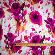 Image of designer Italian satin viscose woven fabric with ruler to show scale of flower pattern.