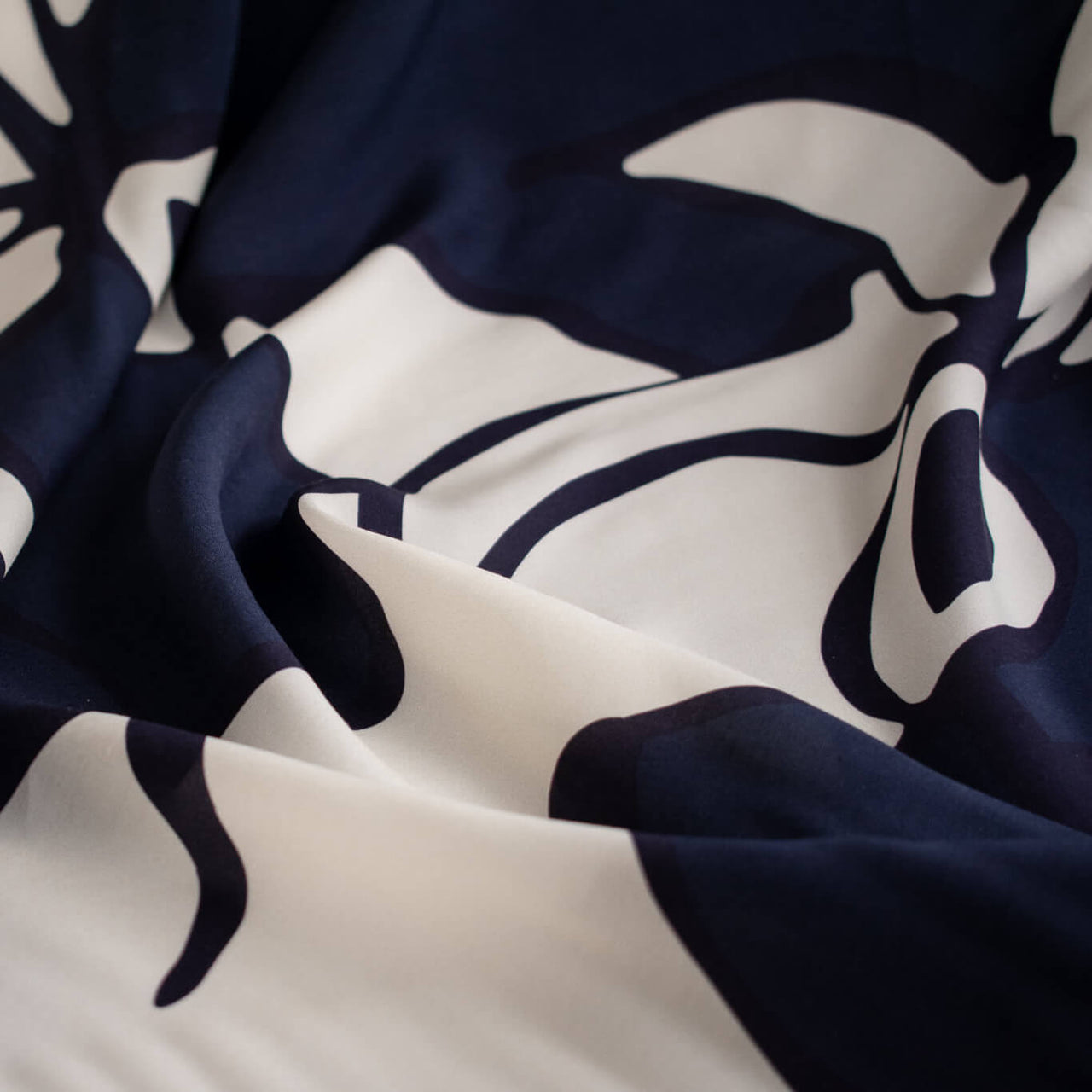 Close-up of navy and white floral patterned fabric