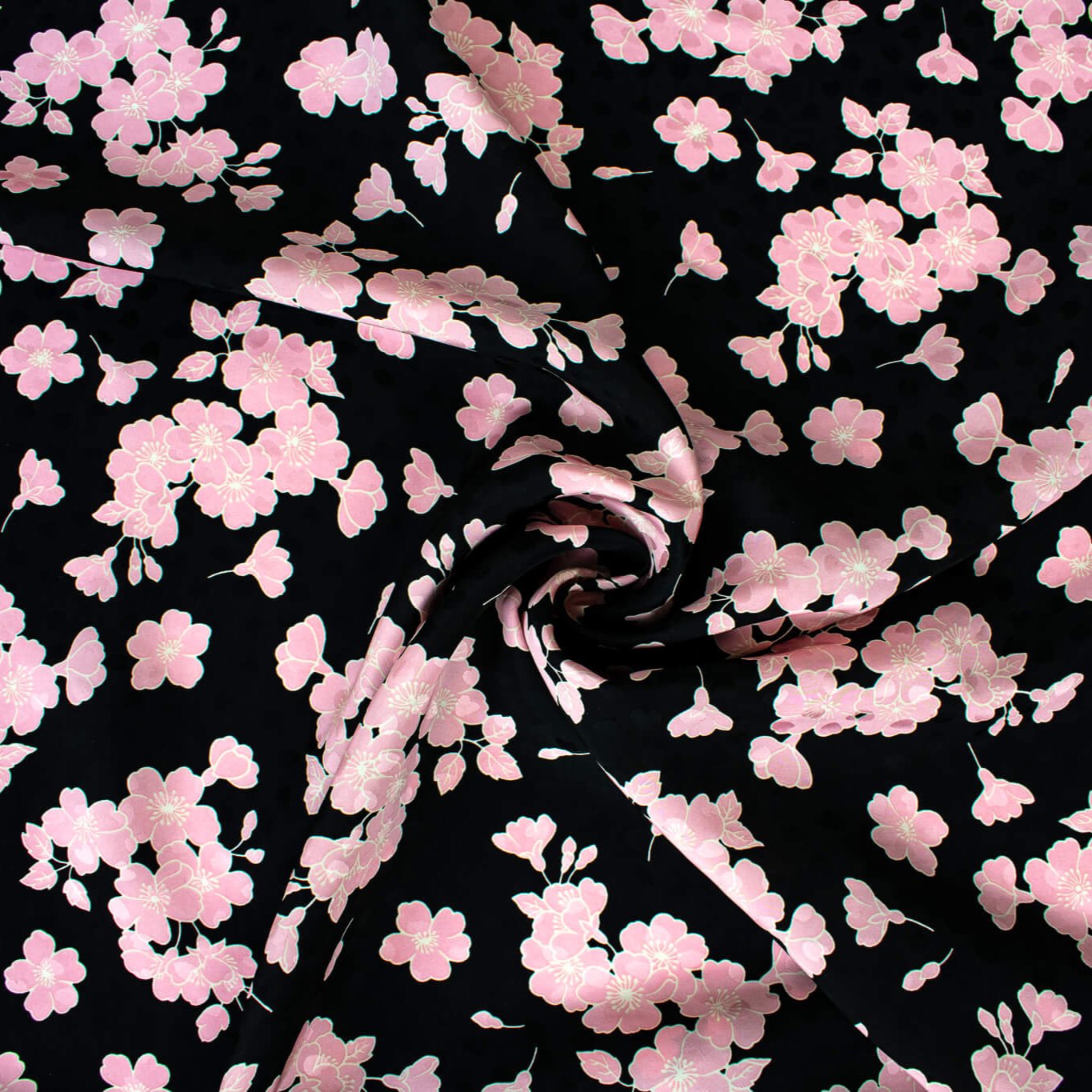  Couture Italian Viscose Floral Jacquard - 'All My Heart'! This stunning designer deadstock fabric by the yard features a gorgeous black base with delicate pink florals and ivory accents. Plus, playful and trending jacquard hearts add a touch of whimsy.&nbsp;

Featuring a nice drape that falls away from the body and slightly textured hand, you'll find this fabric is perfect for formal attire or a little something special.  Image of fabric fullness.
