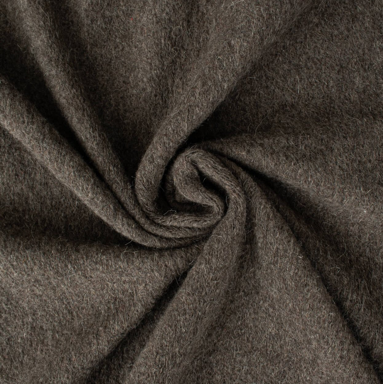 Italian Couture Wool Single Faced designer deadstock knit fabric by the yard in dark taupe and white. Perfect for chilly days this wool knit mimics a fleece with a fuzzy texture on the face and a lightly textured back. Image of fabric fullness.