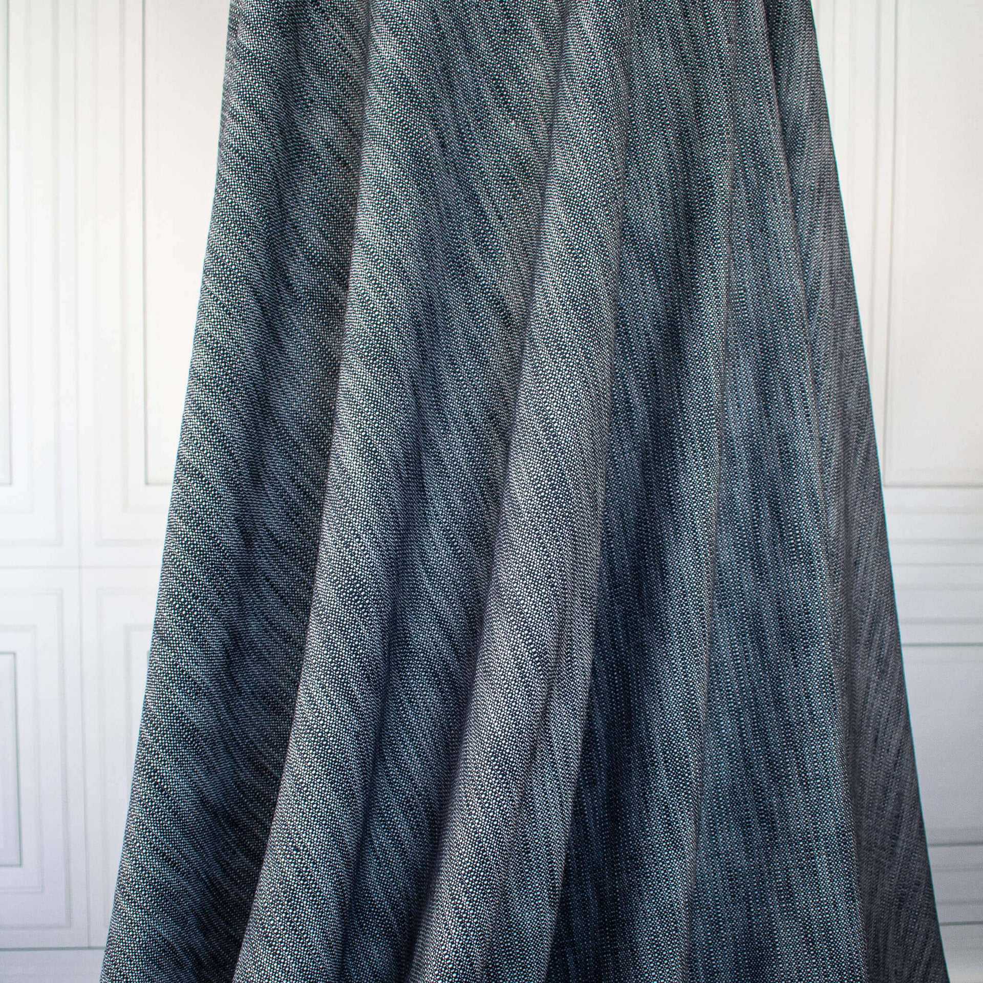Couture  blue and white cotton slub fabric draped on dress form