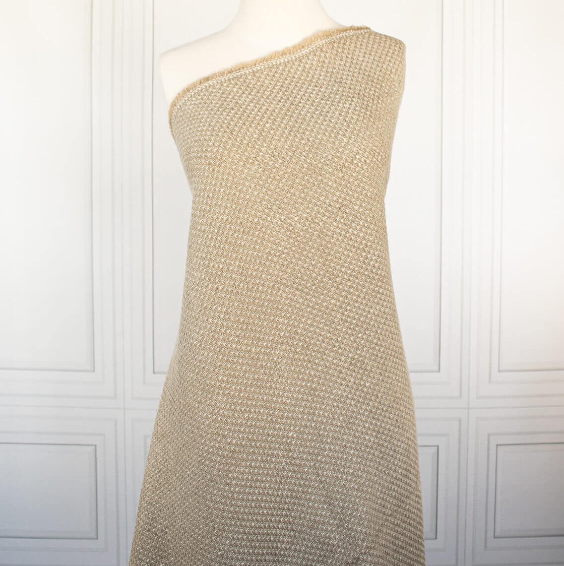 Couture Designer Golden Champagne Italian Wool Woven fabric draped on dressform.