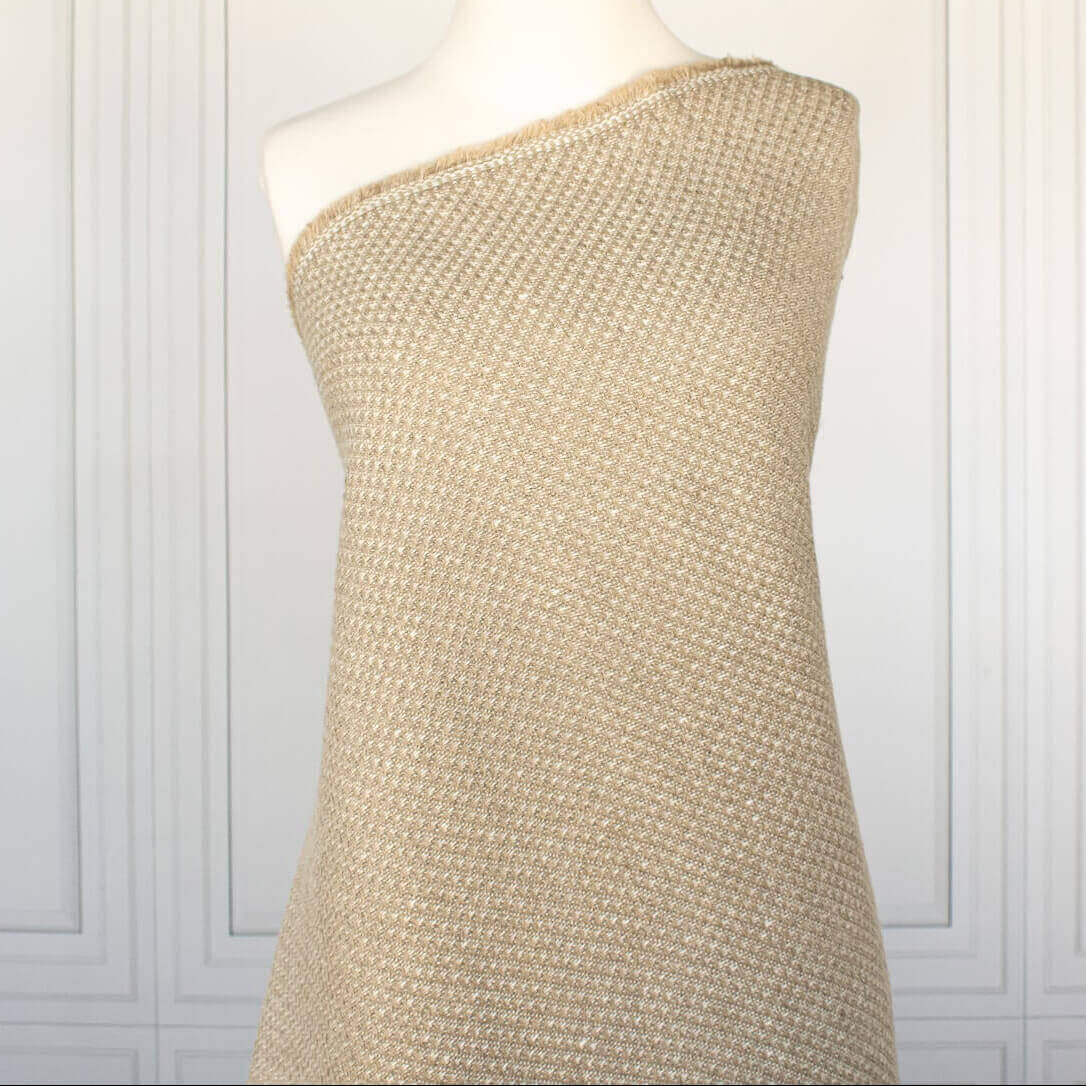 Couture Designer Golden Champagne Italian Wool Woven fabric draped on dressform.