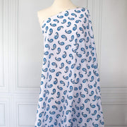 Image of Italian Blue and white paisley print cotton woven fabric on dressform.