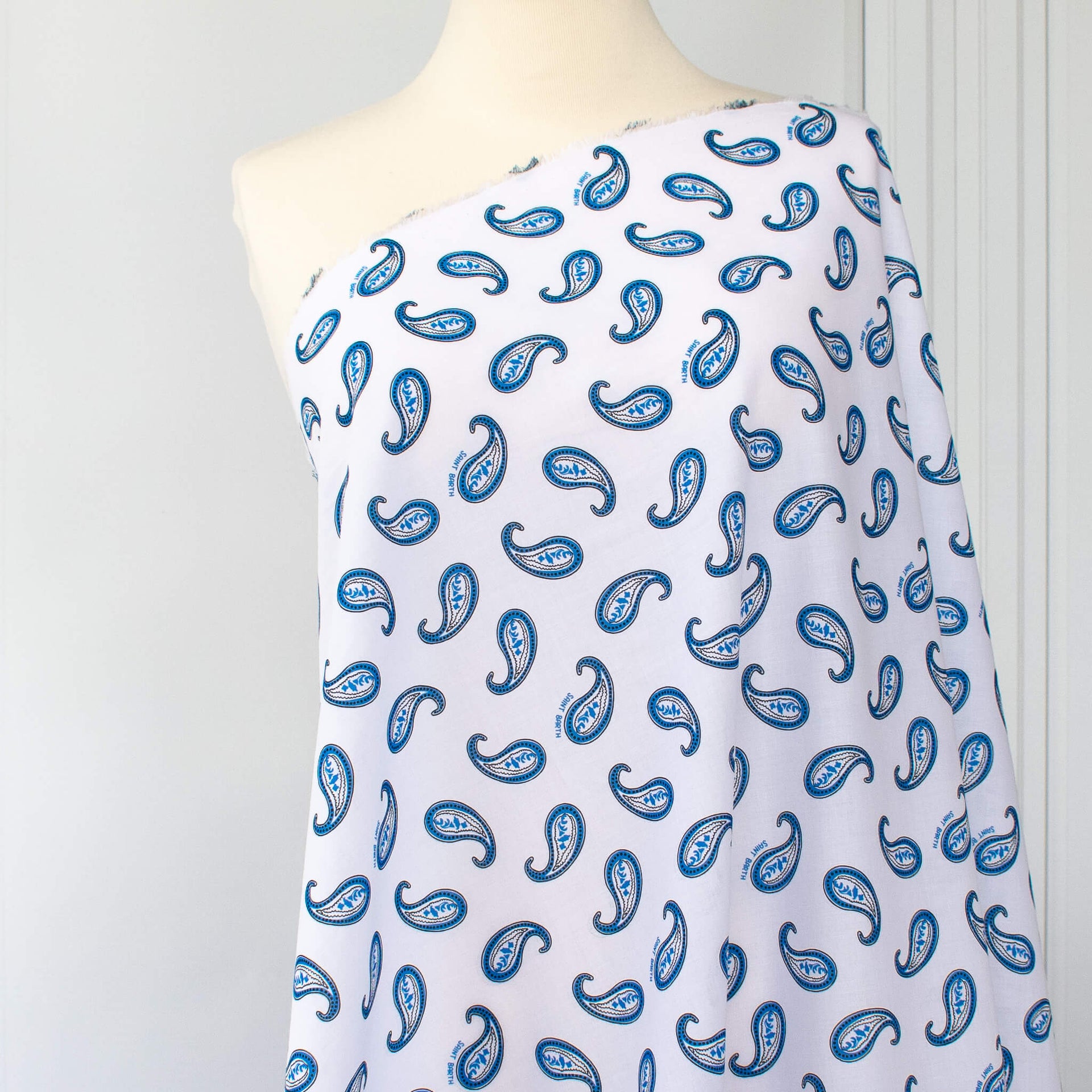 Image of Italian Blue and white paisley print cotton woven fabric