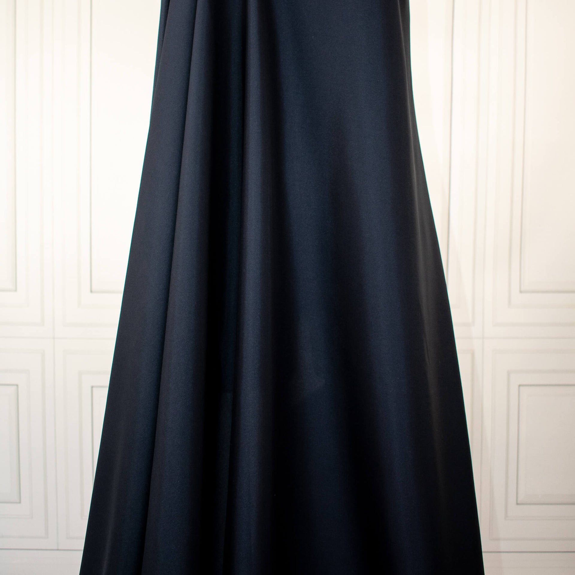 NYC Designer Dark blue silk twill fabric draped on dressform.
