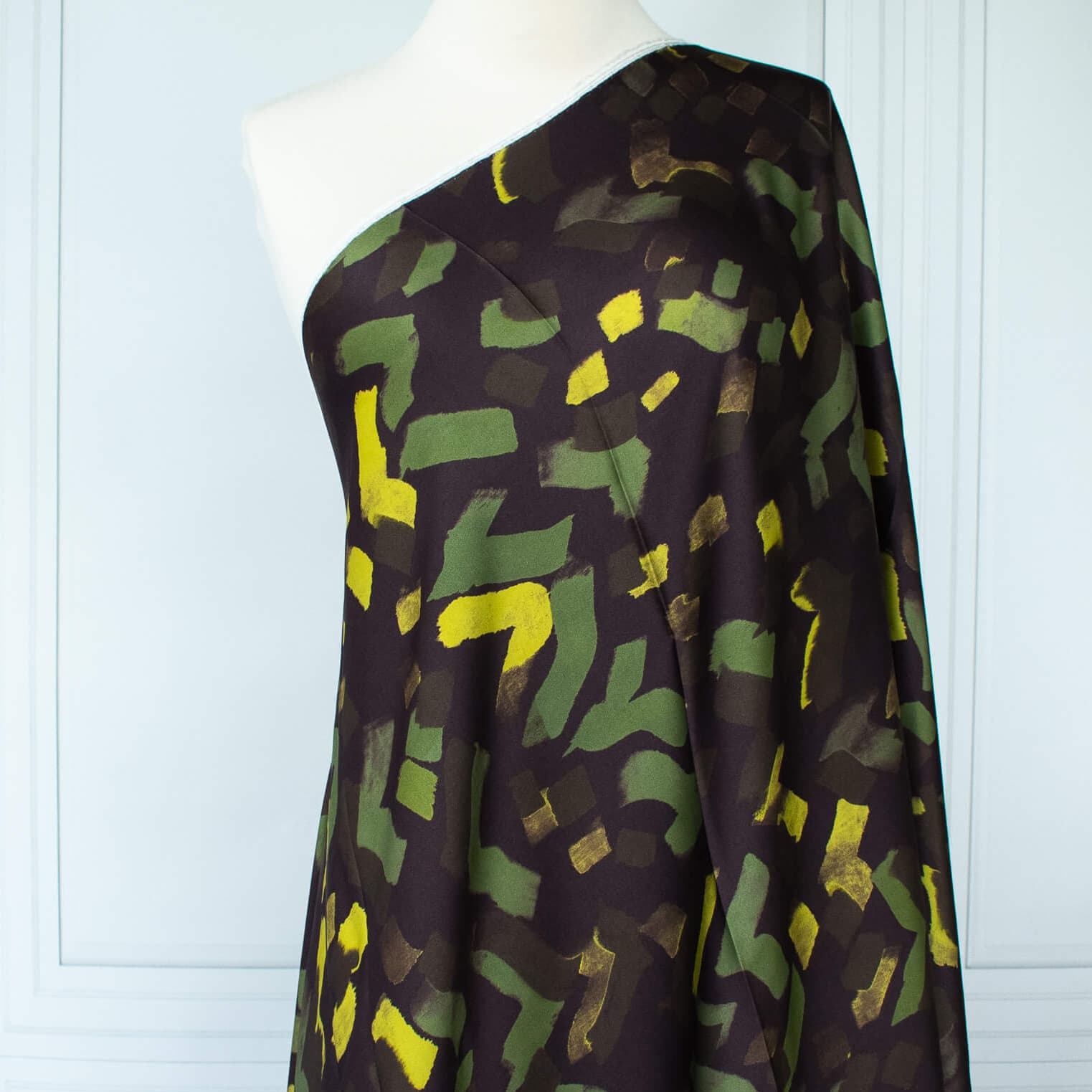 Image of  Italian viscose sateen  fabric by the yard draped on dress form.