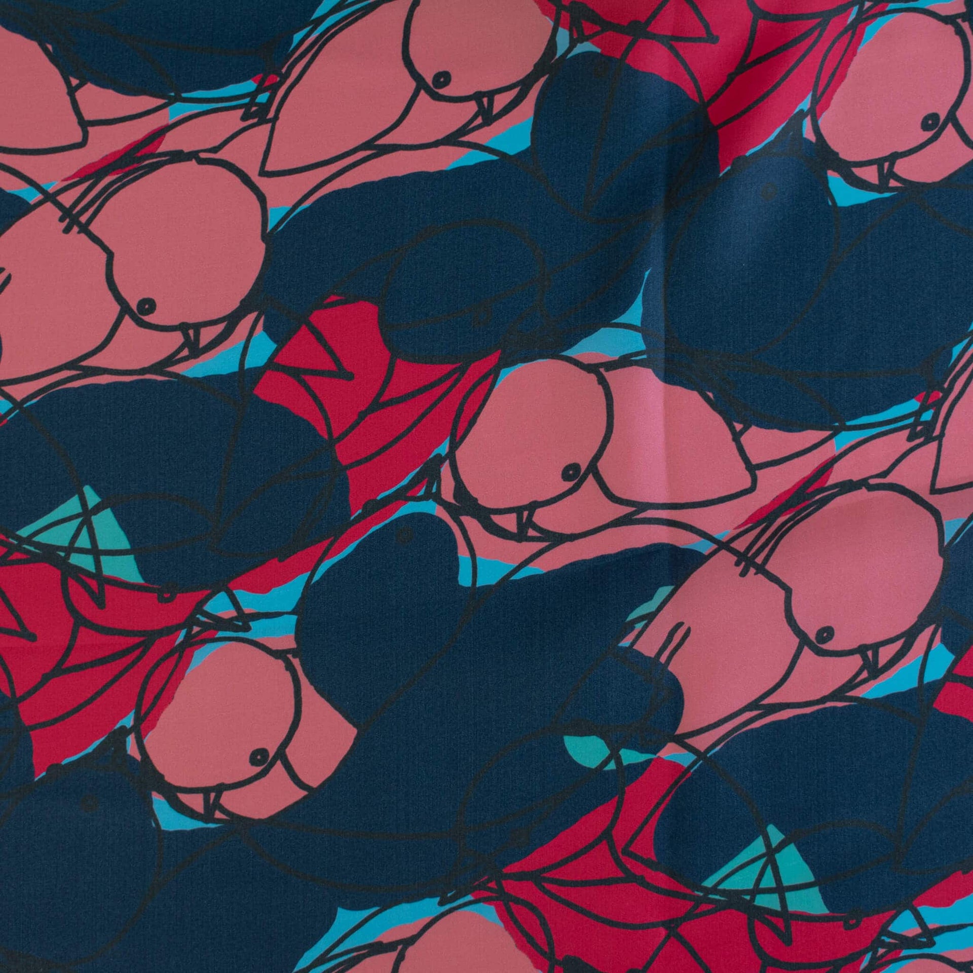 Image of  Italian silk twill fabric by the yard in a modern painterly print. Colors are  coral pink, deep red, and turquoise on a dark navy background. 