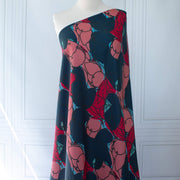  Italian silk twill fabric by the yard in a modern painterly print draped on dress form