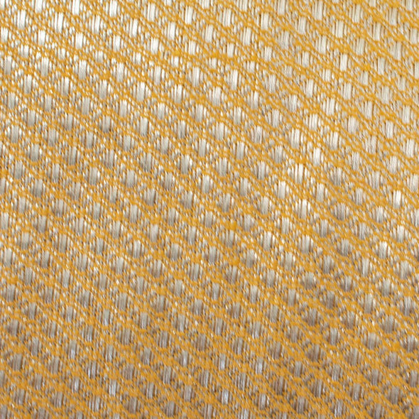 Enjoy a bit of Beverly Hills with this vintage designer deadstock. A gold jacquard with a timeless silver metallic geometric design at 36 inches wide and a selvedge that is just gorgeous. Close up of pattern