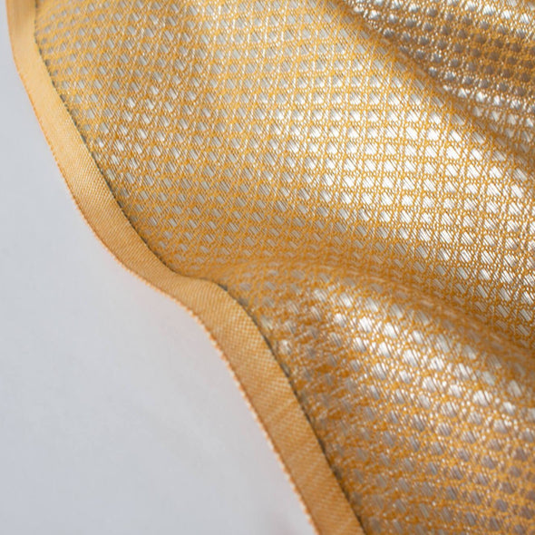 Enjoy a bit of Beverly Hills with this vintage designer deadstock. A gold jacquard with a timeless silver metallic geometric design at 36 inches wide and a selvedge that is just gorgeous. Close up of finished selvedge.