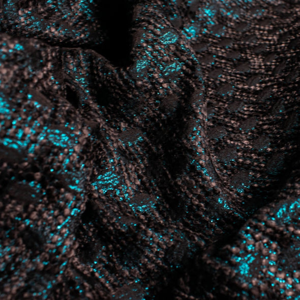 High End Designer Label Brocade Boucle in a stunning Cyan Blue, Black and Charcoal  A textured fabric with a soft hand. The metallic threads create a stunning statement piece!  