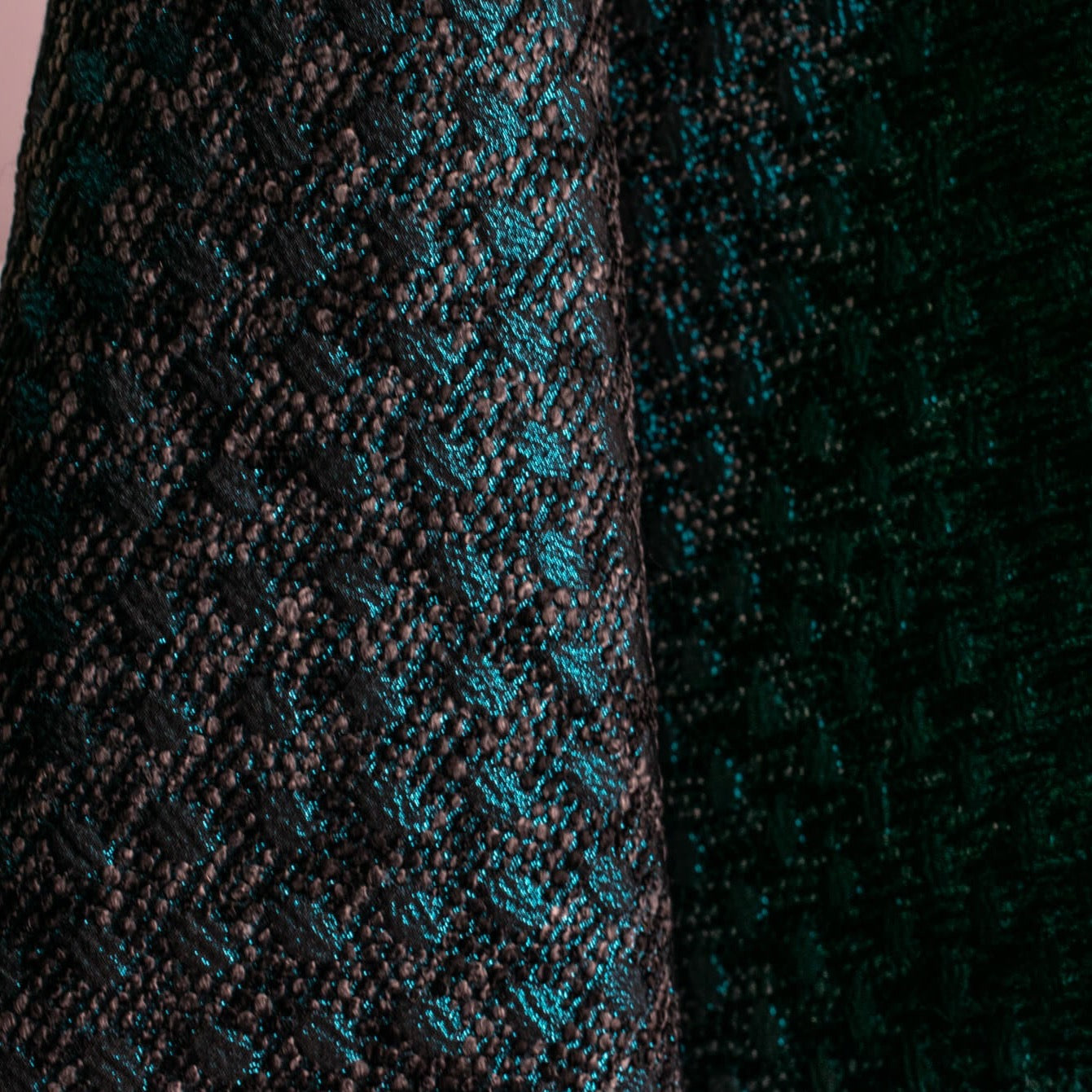 Designer Boucle brocade Gray Cyan mettallic  image of fabric drape.