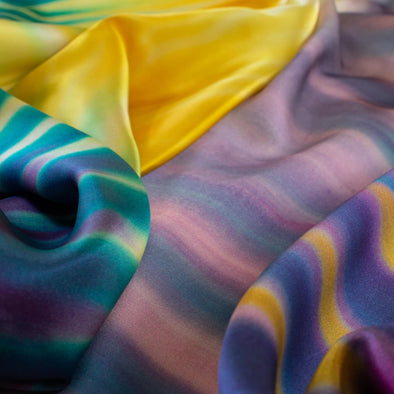 Los Angeles Designer 100% Silk Charmeuse in a modern and fun Tie Dye print! Have fun turning your creation into a sophisticated kaleidescope of color! - Close up photo.