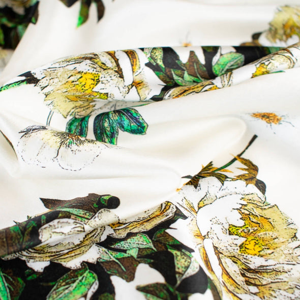 Exclusive Emanue1 Ungar0 prints that hit the runway this Spring and Summer are available in very limited quantities. Share in the fun with this gorgeous collection of fabrics. This ivory silk blend floral charmeuse is just stunning!  Sew up a stunning maxi, top or skirt!