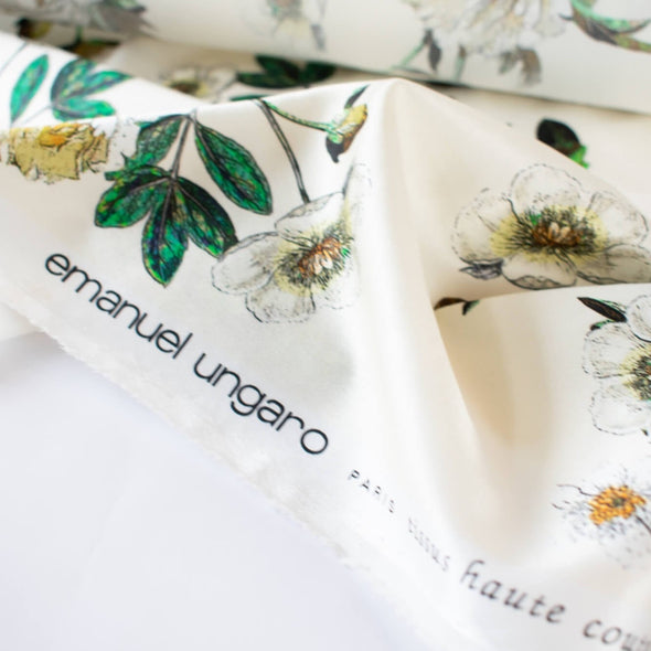 Exclusive Emanue1 Ungar0 prints that hit the runway this Spring and Summer are available in very limited quantities. Share in the fun with this gorgeous collection of fabrics. This ivory silk blend floral charmeuse is just stunning!  Sew up a stunning maxi, top or skirt!