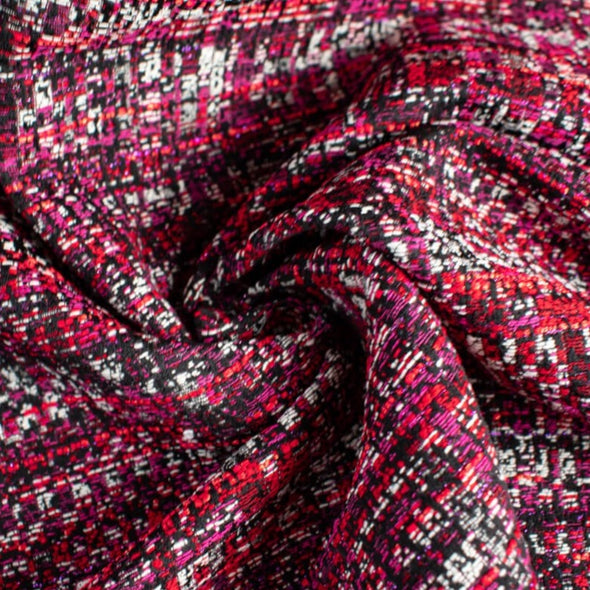 Exquisite jacquard of red, white, and black highlighted by pink metallic threads. Imported from France! Close up photo highlighting pink metallic threads.