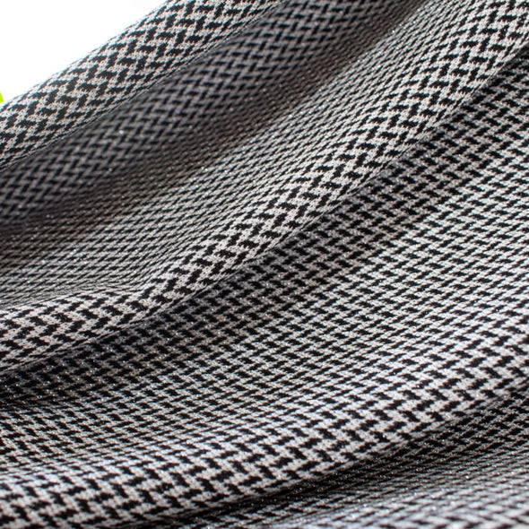 Italian Herringbone Sweater Knit with Metallic Threads -Wide. Image of fabric drape.