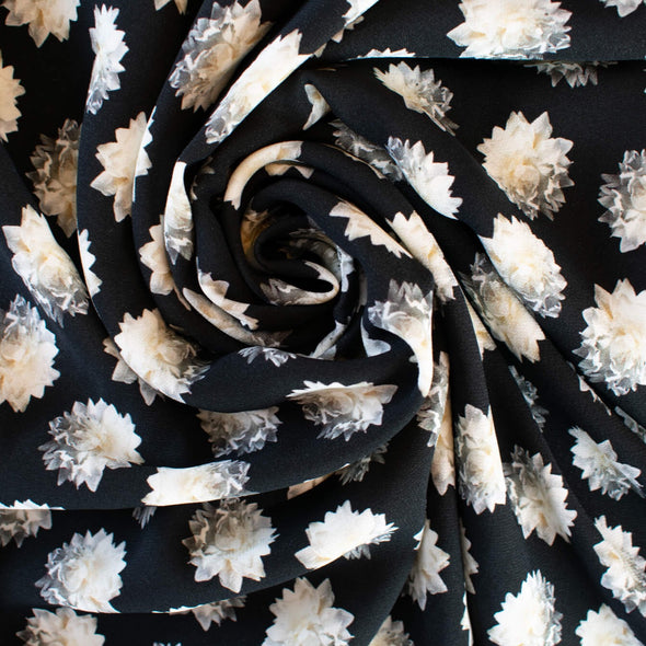 Black/White Floral Italian Viscose/Lycra 4-Ply Crepe  -'Fiore Bianco' image of fabric body