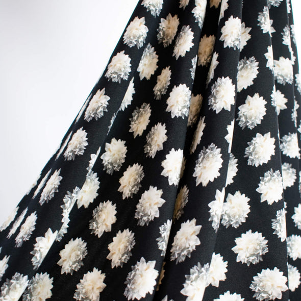 Black/White Floral Italian Viscose/Lycra 4-Ply Crepe  -'Fiore Bianco' image of fabric drape.
