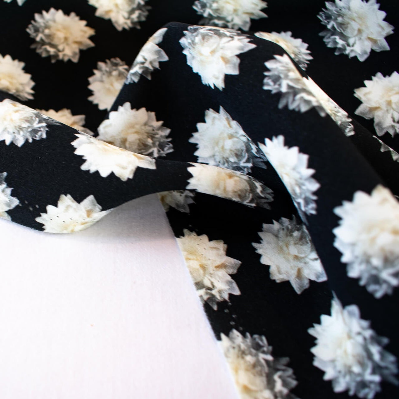 Black/White Floral Italian Viscose/Lycra 4-Ply Crepe  -'Fiore Bianco' image of selvedge edge