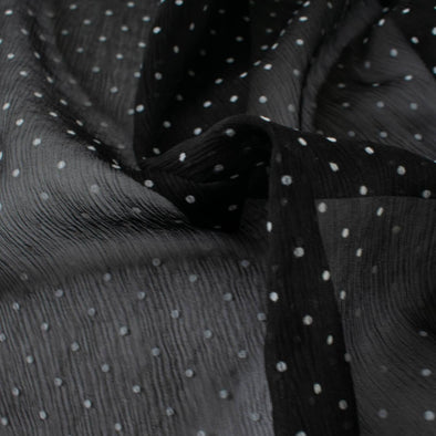 Classic black and off white polka dot is always elegant! Chiffon is sheer, has a beautiful drape and is popular in blouses, gowns, lingerie, flowy overlays, scarves, even trim. Perhaps you have seen it used as trim in those fabulous French Jackets! Close up photo.